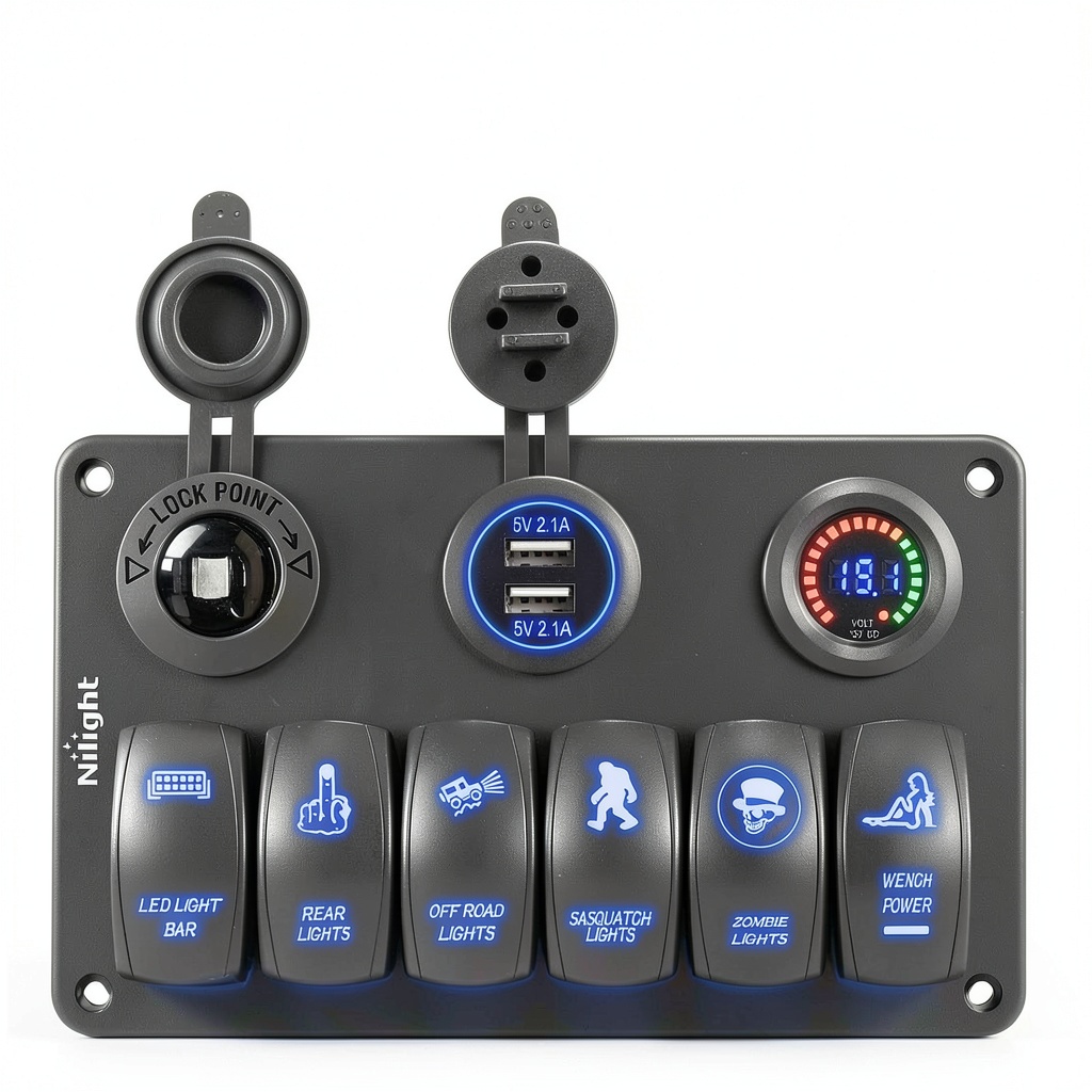 Nilight 6 gang rocker switch panel installed in a UTV dashboard