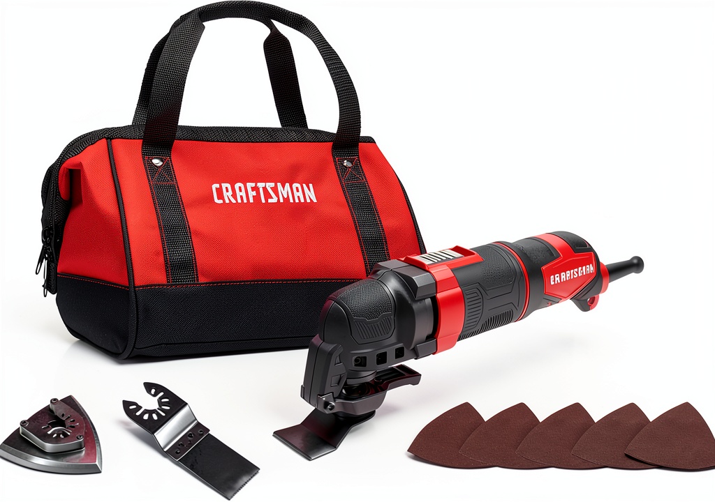 Craftsman oscillating tool in use on a wooden deck
