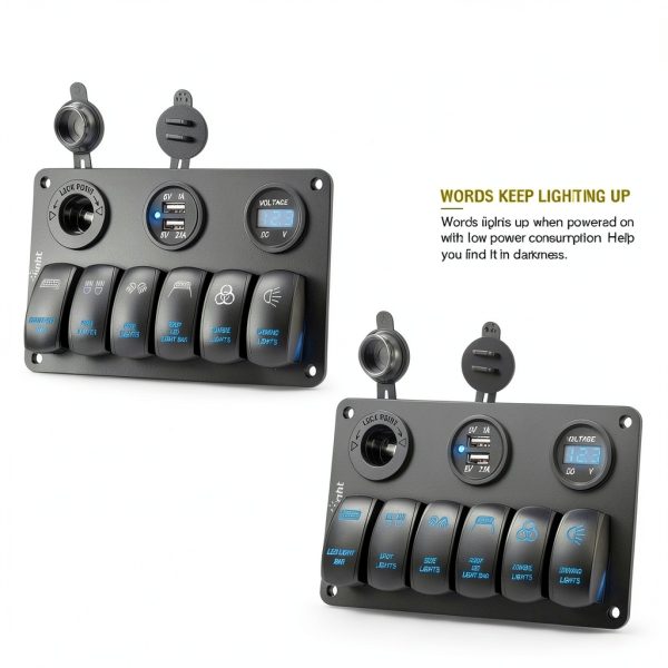 12V 6 Gang Switch Panel Nilight Aluminum Dual USB-2