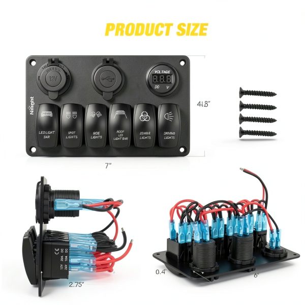 12V 6 Gang Switch Panel Nilight Aluminum Dual USB-5